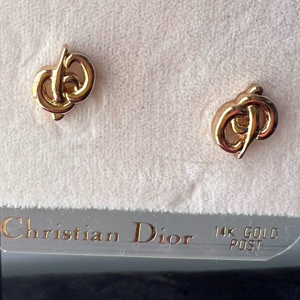 NWT Authentic Vintage Christian Dior Monogram CD Gold‎ Earrings with 14k Post - Picture 2 of 4